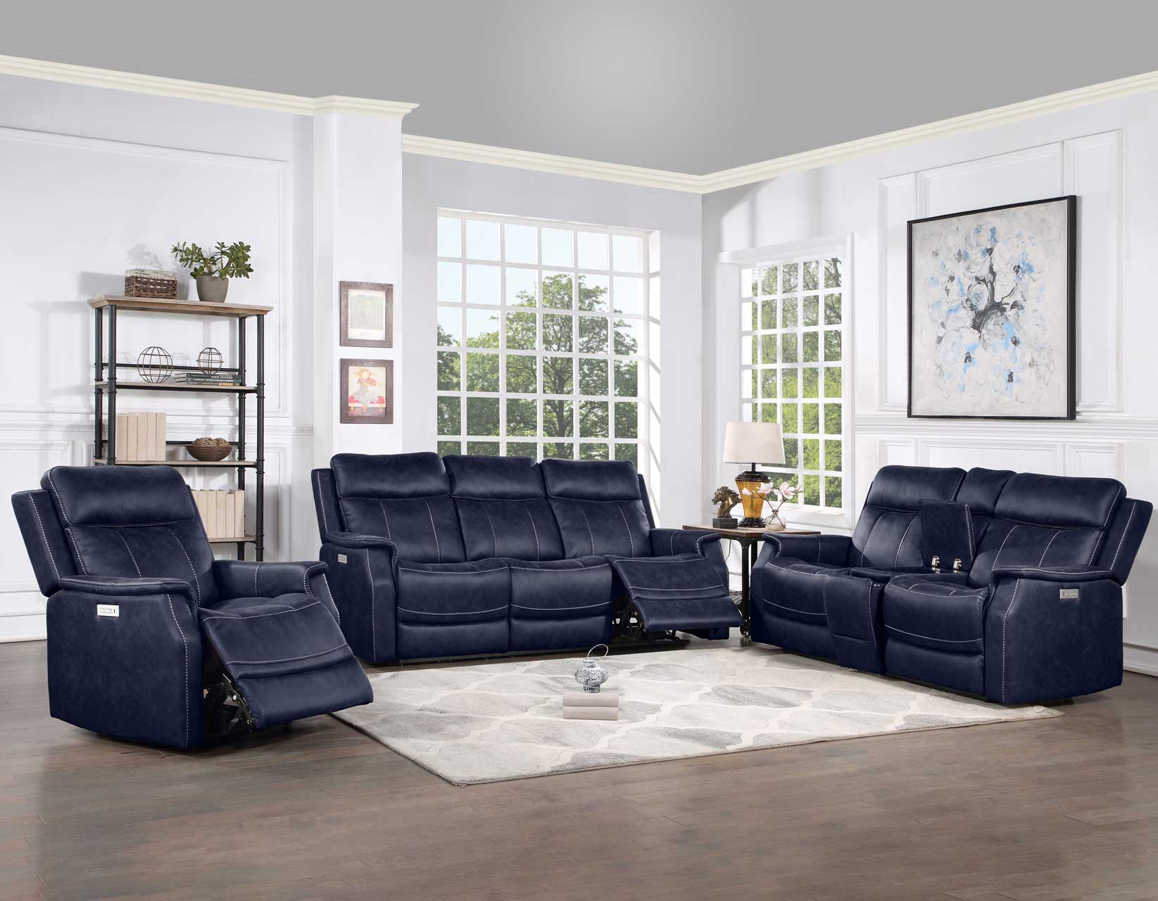 Valencia 3 Piece Dual Power Ocean Blue, Blue Leather Reclining Living Room Set