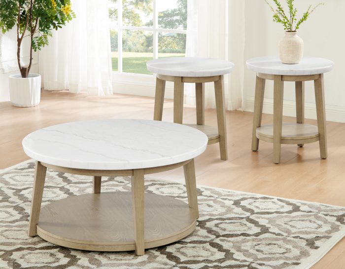 Vida 3-Piece Castered Round White Marble Top Table Set