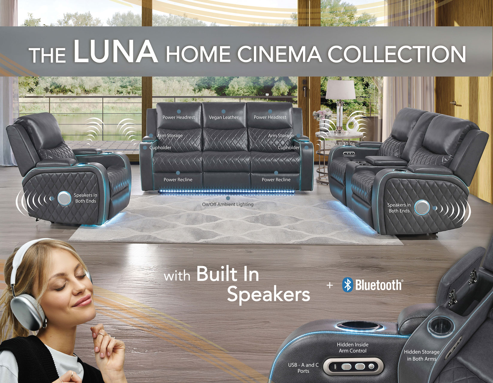 Luna 3-Piece Home Cinema Power Reclining Set, Charcoal Vegan Leather - Image 35