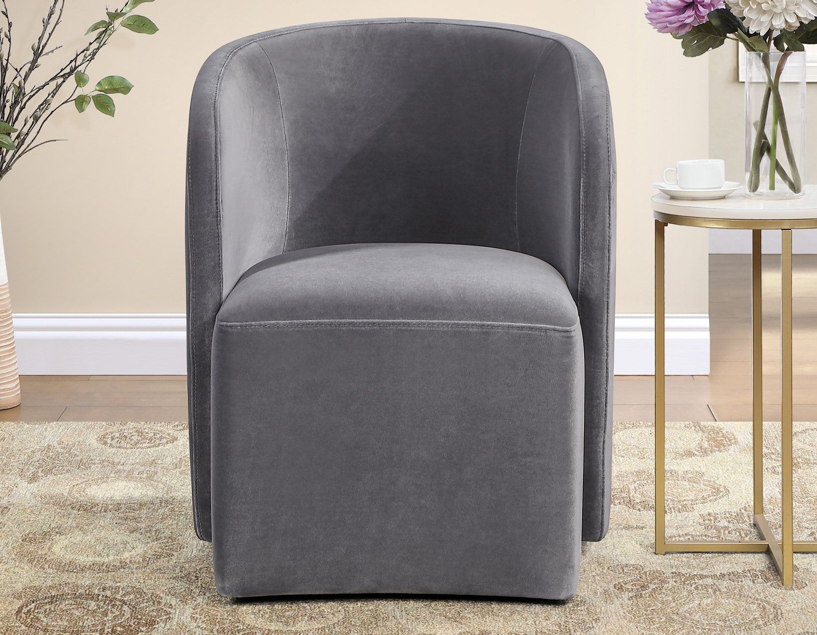 Annie Gray Velvet Barrel Chair w/Casters