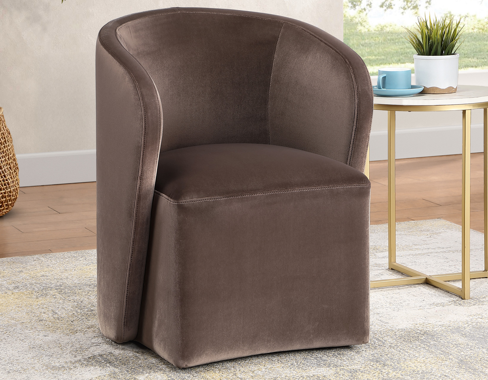 Annie Chocolate Velvet Barrel Chair w/Casters - Image 2